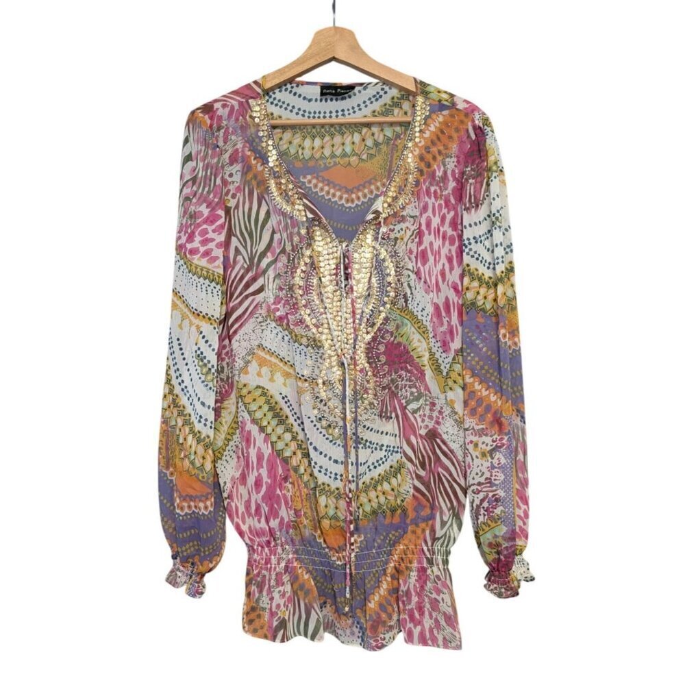 Rena Renee Multicolor Animal Print Beaded Gold Sequin Boho Peasant Blouse Size L